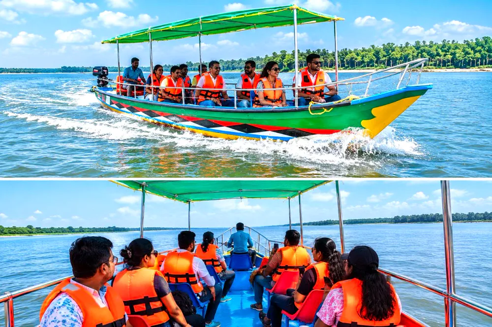Guests cruising on the resort boat with life jackets