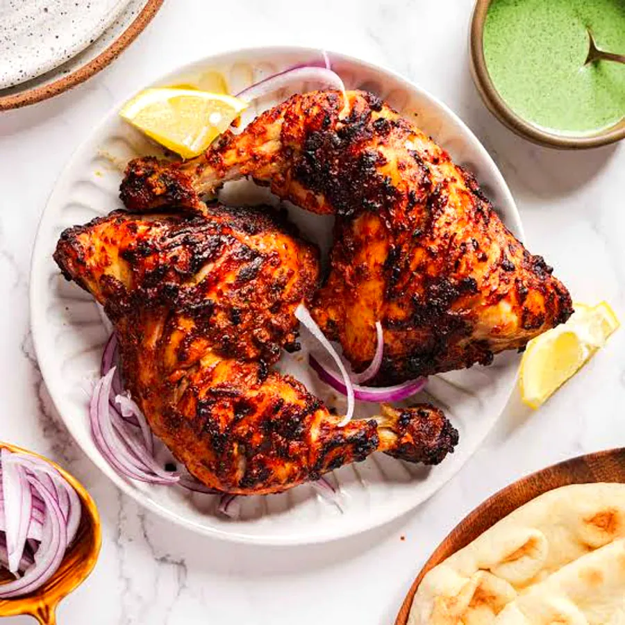 Smoky tandoori chicken with green chutney