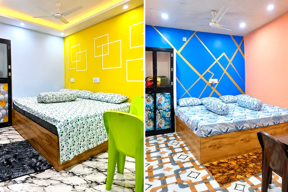 Newly painted deluxe rooms with yellow and blue walls
